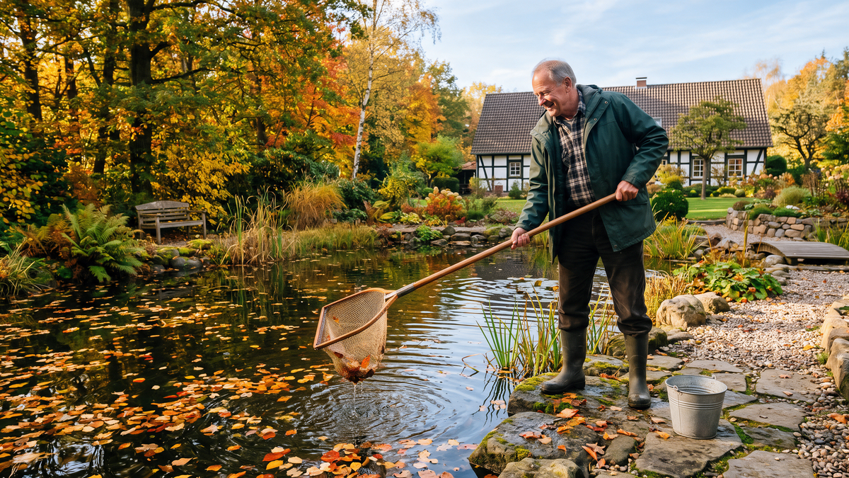 Gartenteich im Herbst winterfest machen: Laub mit dem Kescher aus dem Teich entfernen