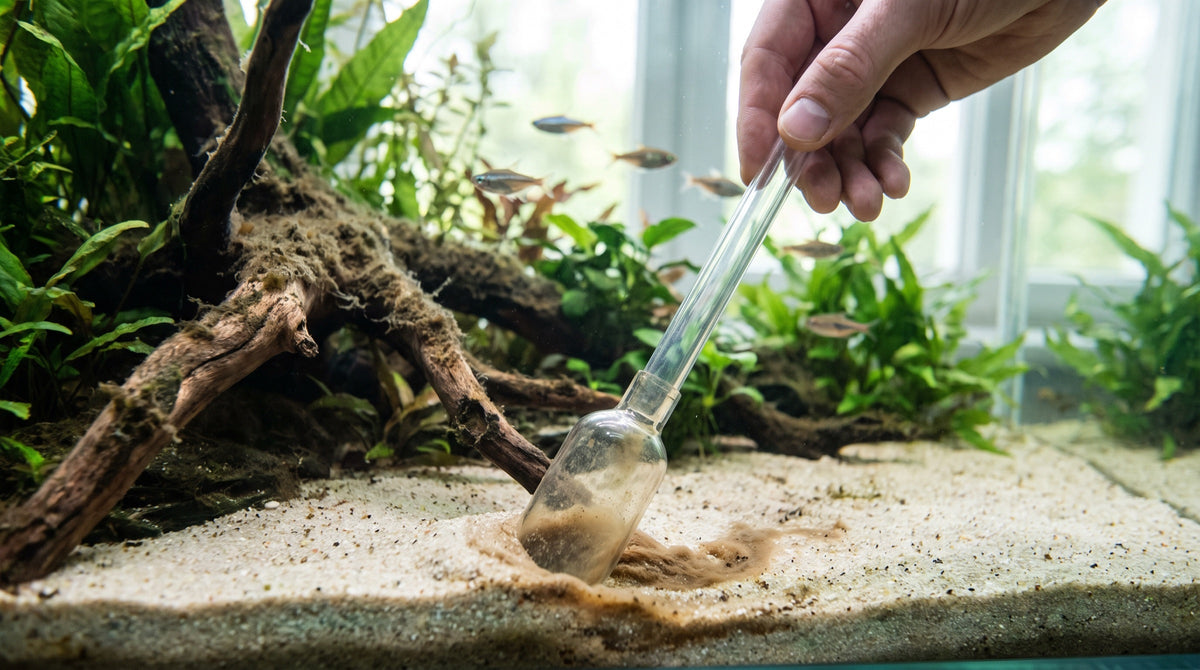 Mulm im Aquarium gezielt mit der Mulmglocke vom Sandboden absaugen