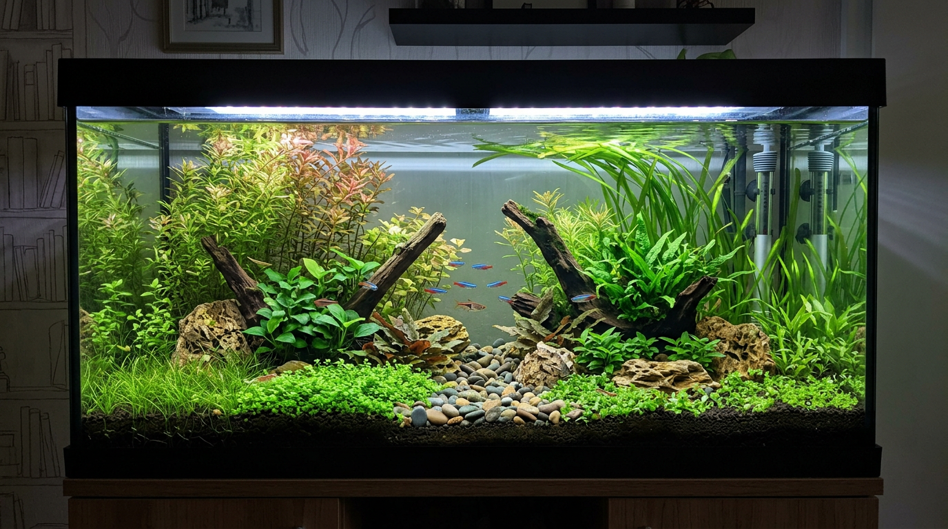 Aquarium mit drei Pflanzenzonen – Vordergrund, Mittelgrund und Hintergrund